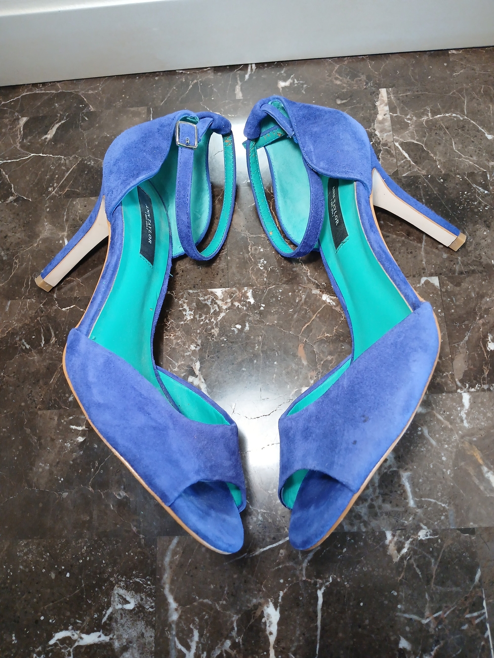 Ann Taylor Blue Suede Peep-Toe Ankle Strap Heels